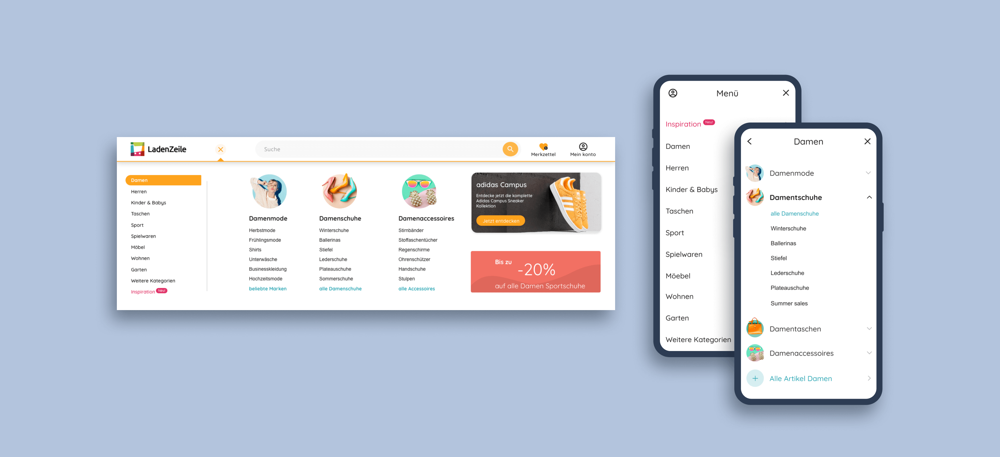 Ladenzeile's main menu redesign for desktop and mobile