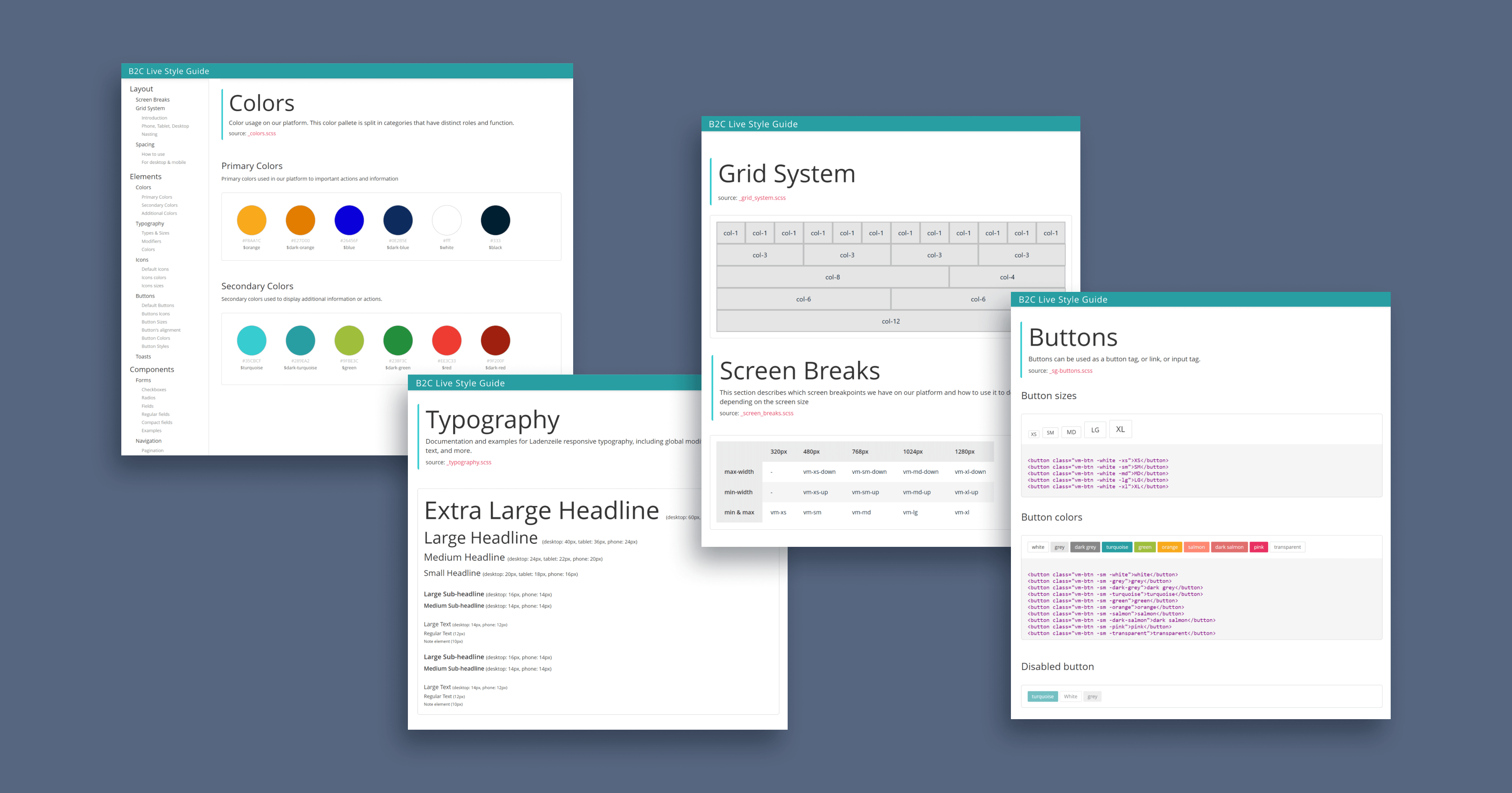 Fragments of the live style guide reference page for developers.