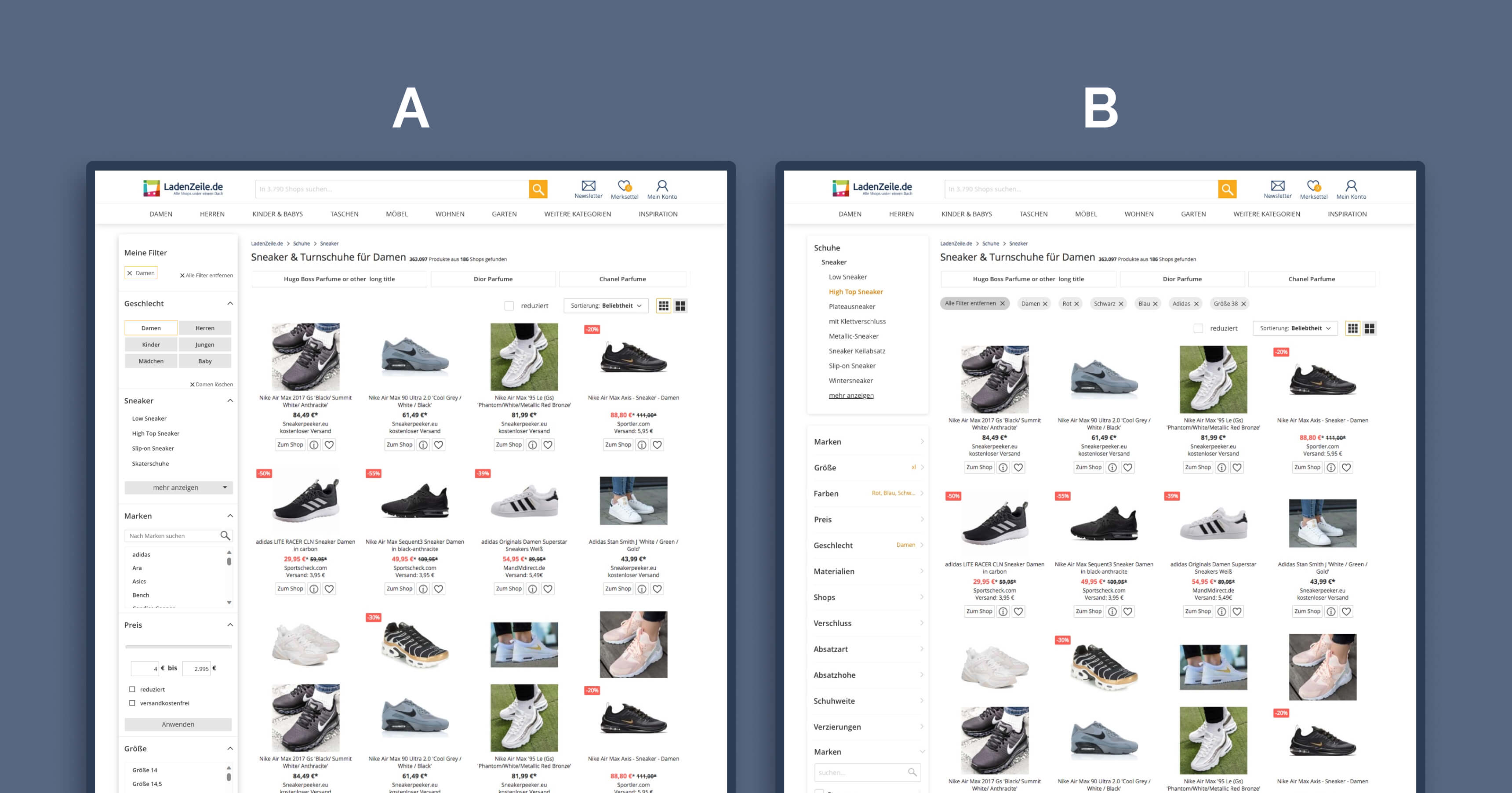 AB test of the low-effort desktop solution, with the category tree on the top left panel and collapsed filters.